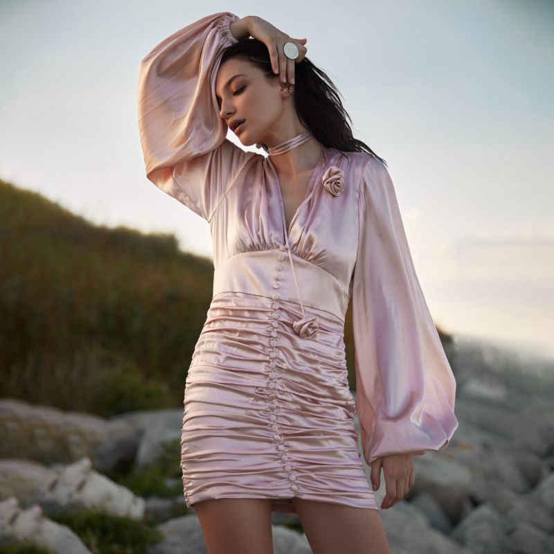 Ruched Mini Dress In Pink Satin image