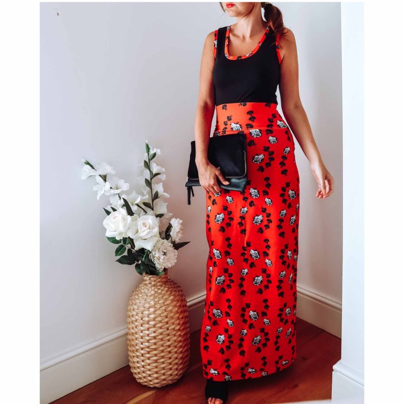 Red Floral Maxi Jersey Skirt image