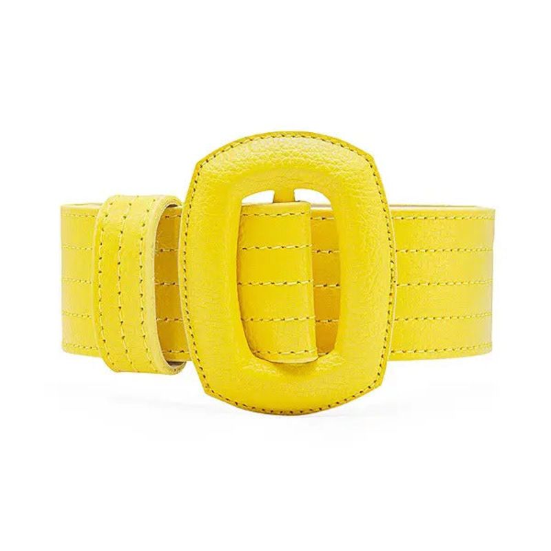 Stitched Leather Oval Buckle Belt - Yellow image