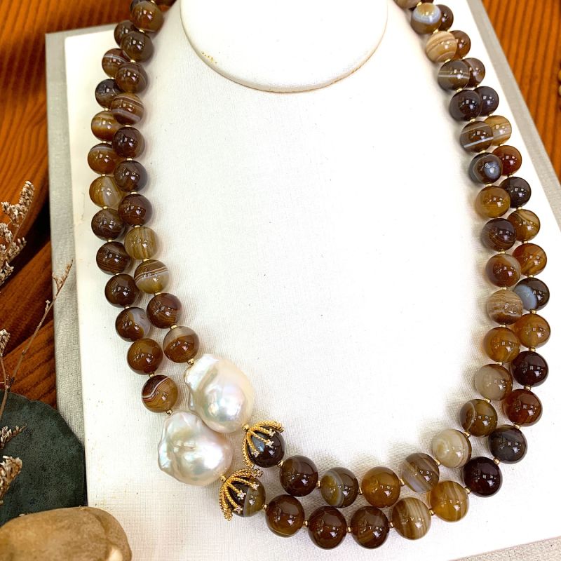 Brown Agate With Baroque Pearls Double Layers Necklace image