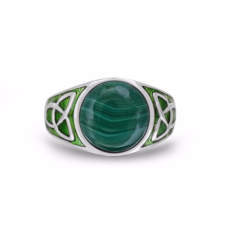 Malachite Cabochon Flat Back Stone Signet Ring In Sterling Silver With Enamel image