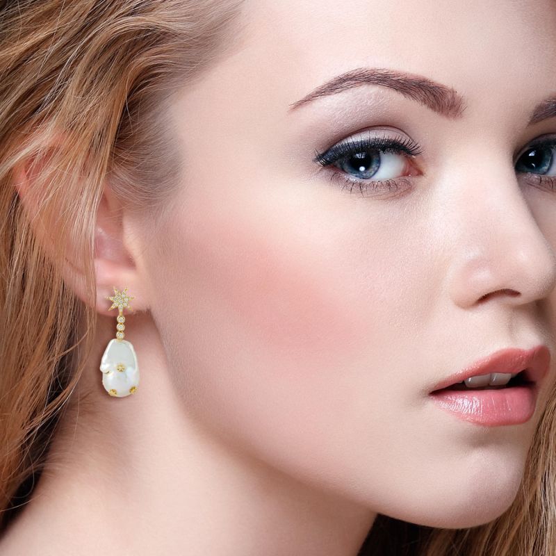 Pearl Chinese & Diamond Dangle Earring In 18K Yellow Gold Handmade Jewelry image