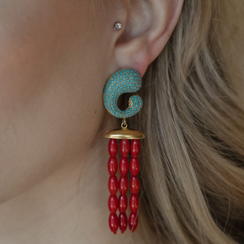 Isobell Earrings - Turquoise And Coral Earrings - Gold Statement Earrings image