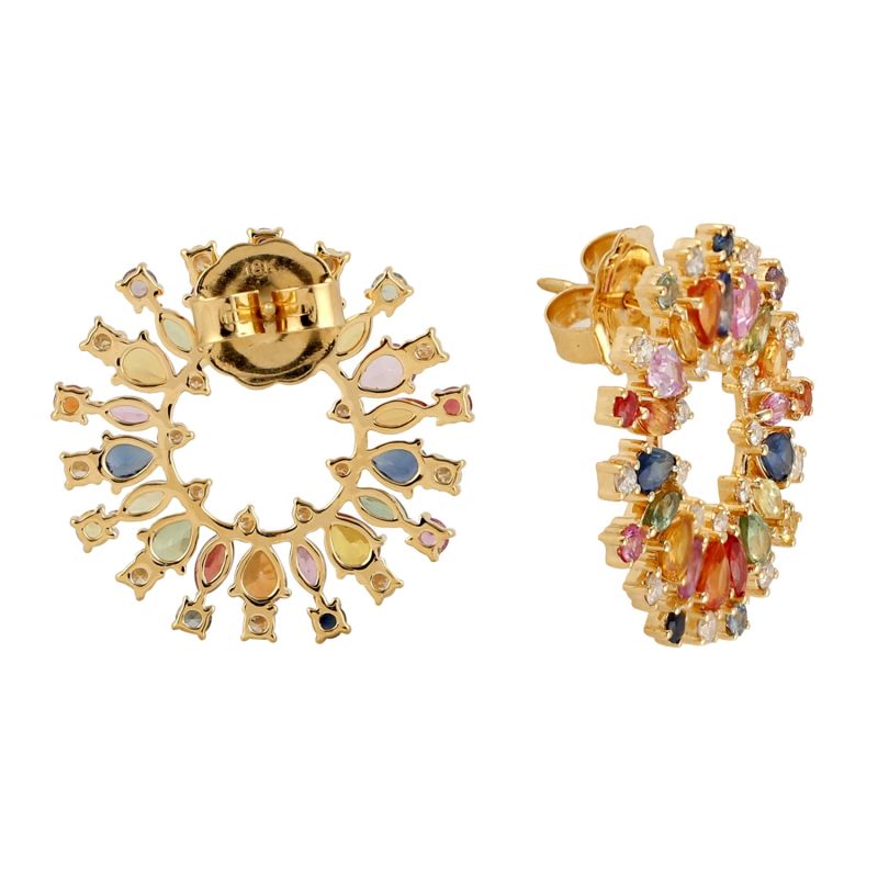 18K Yellow Gold Diamond Marquise Shape Multi Sapphire Stud Earrings Women's Jewelry image