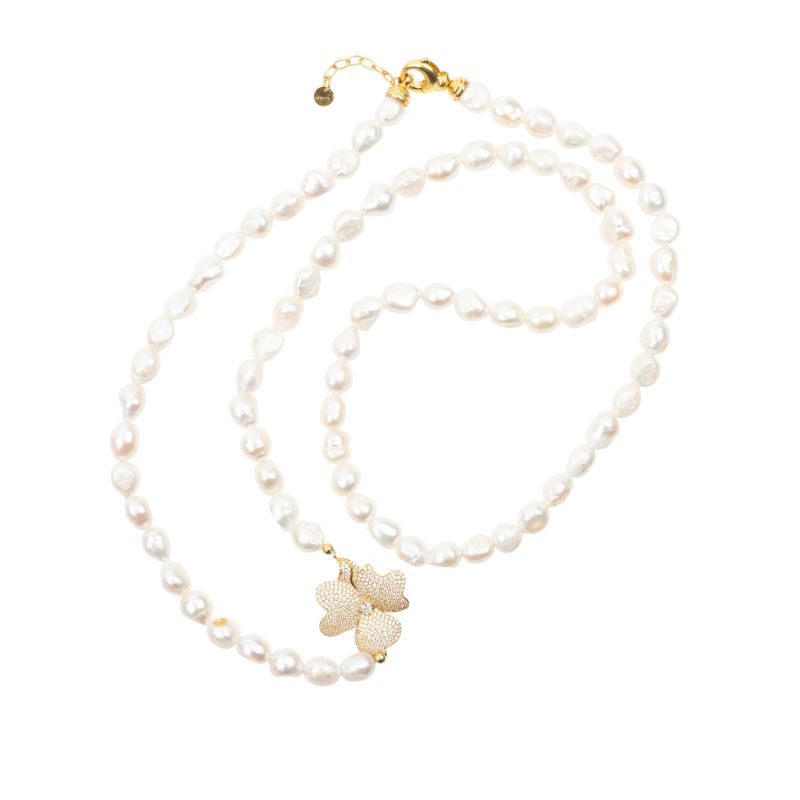 Flower Pearl Gemstone Long Necklace White Cz Gold image