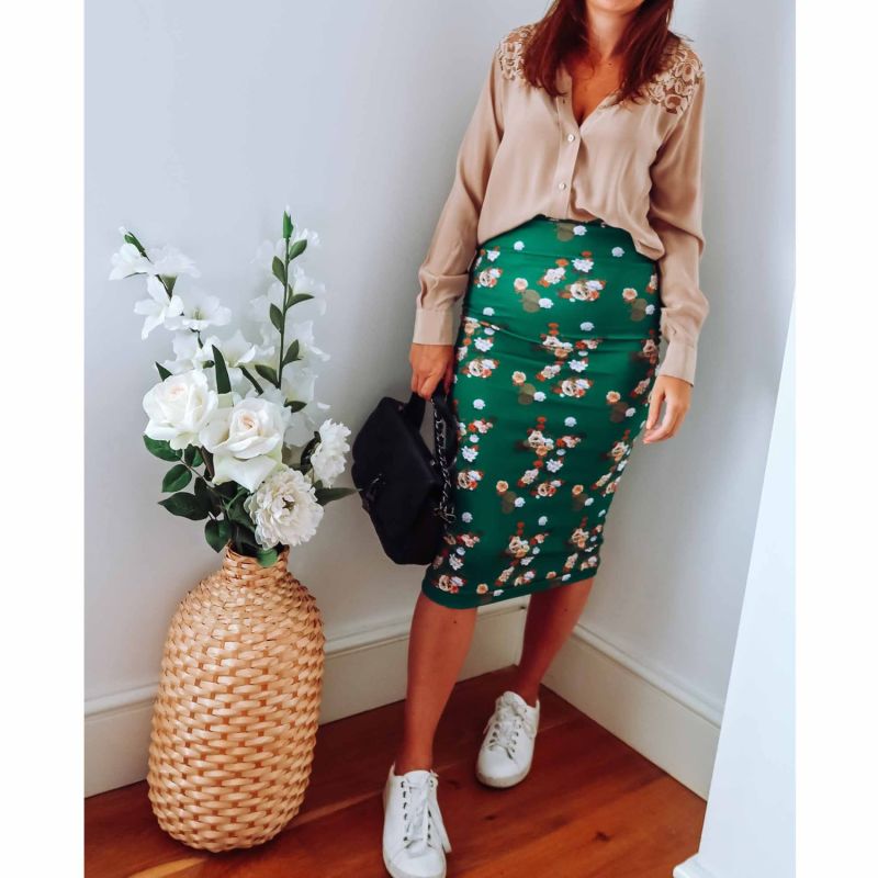 Green Floral Midi Jersey Skirt image