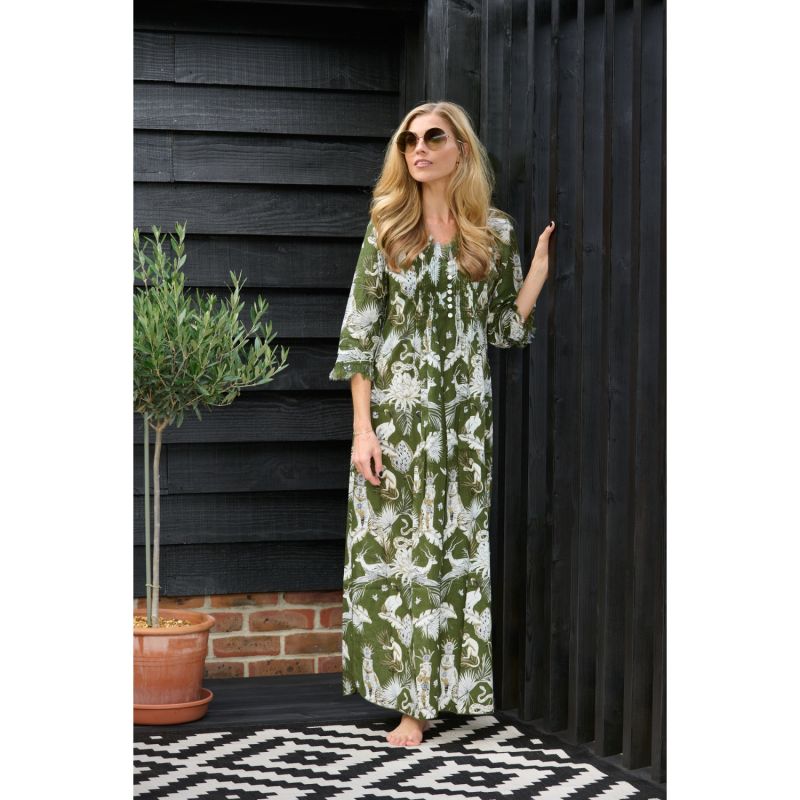 Cotton Annabel Maxi Dress In Olive Green Tropical image