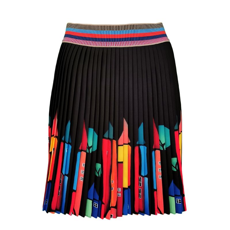 Black Mini Pleated Skirt With Colorful House Prints image