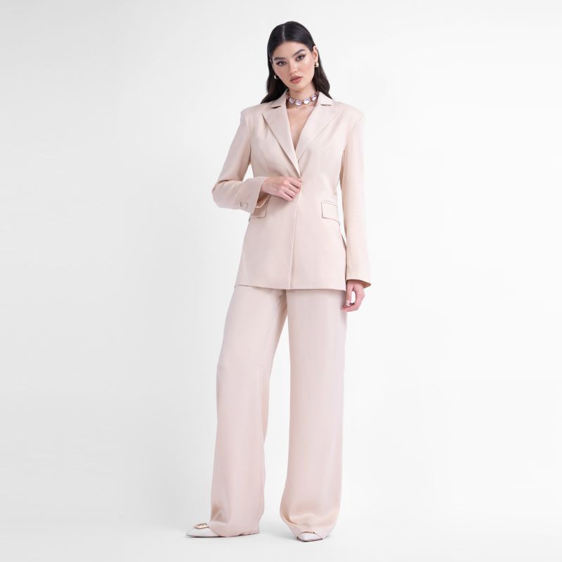 Ivoire Shimmery Suit With Slim Fit Blazer And Wide Leg Trousers image