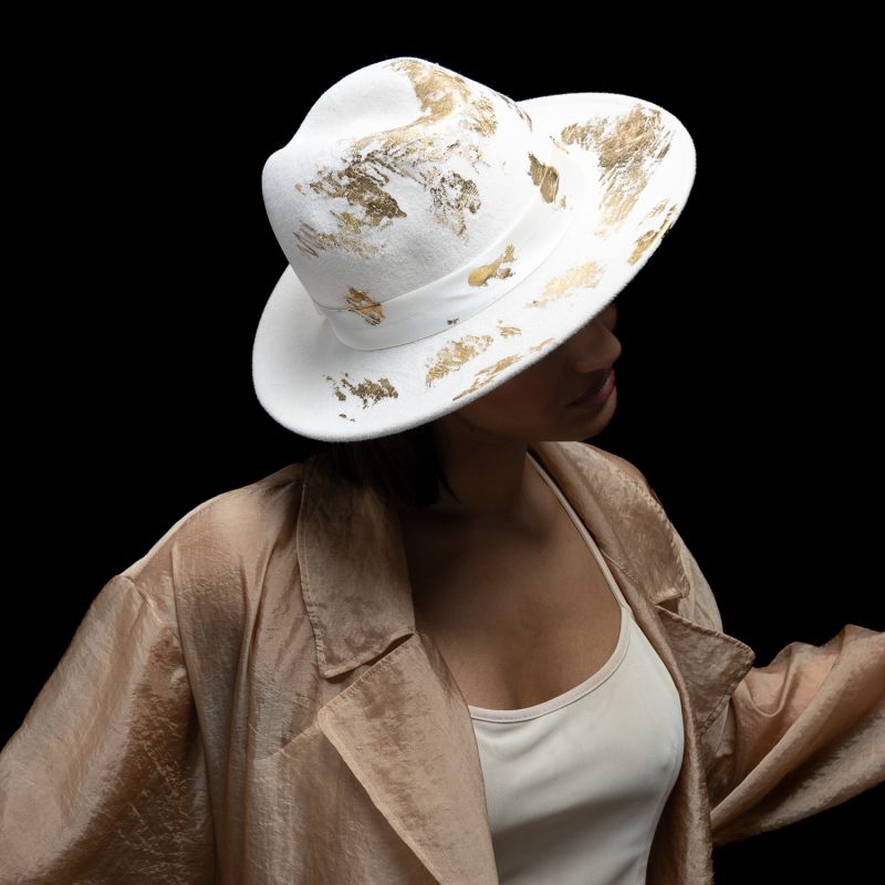 Ivory Wool Felt Trilby With Logo And Gold Leaf Detailing image