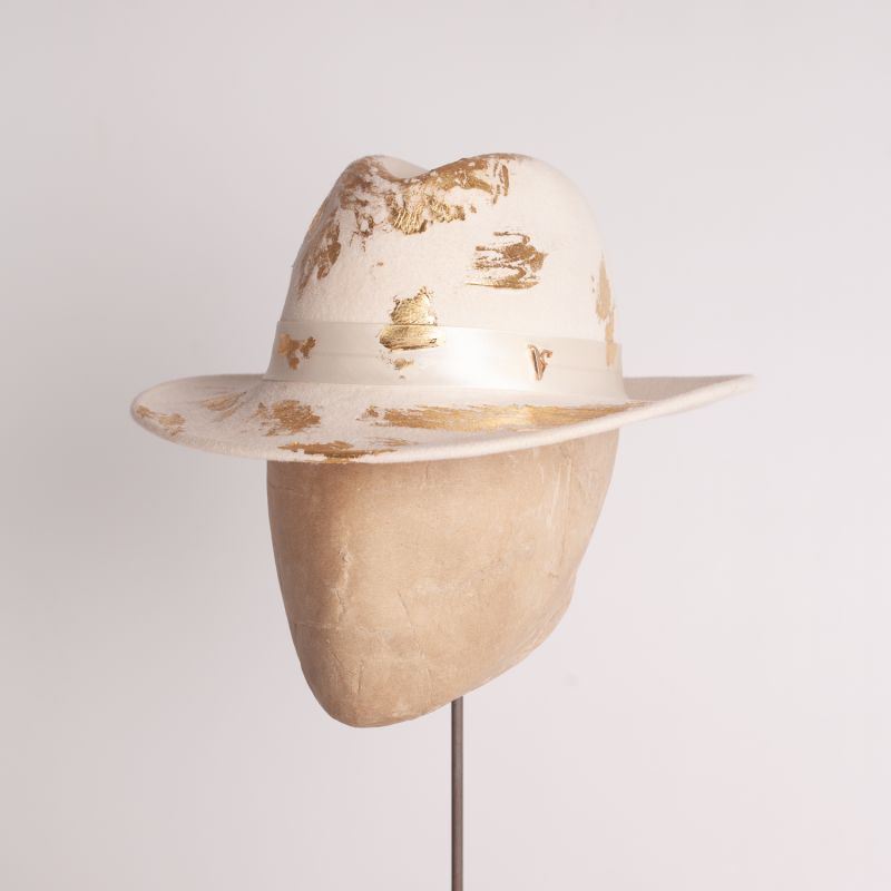 Ivory Wool Felt Trilby With Logo And Gold Leaf Detailing image