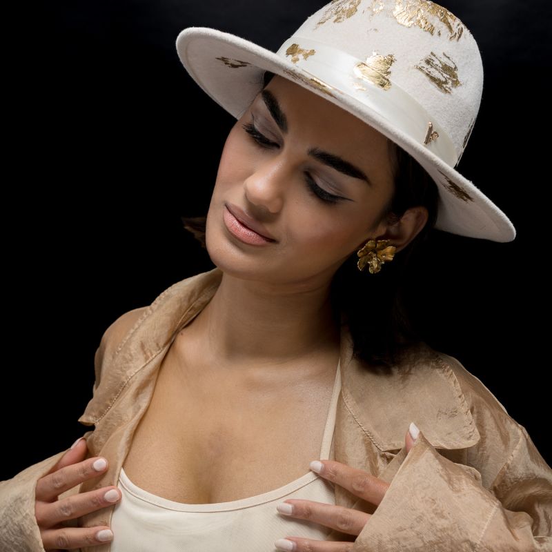 Ivory Wool Felt Trilby With Logo And Gold Leaf Detailing image