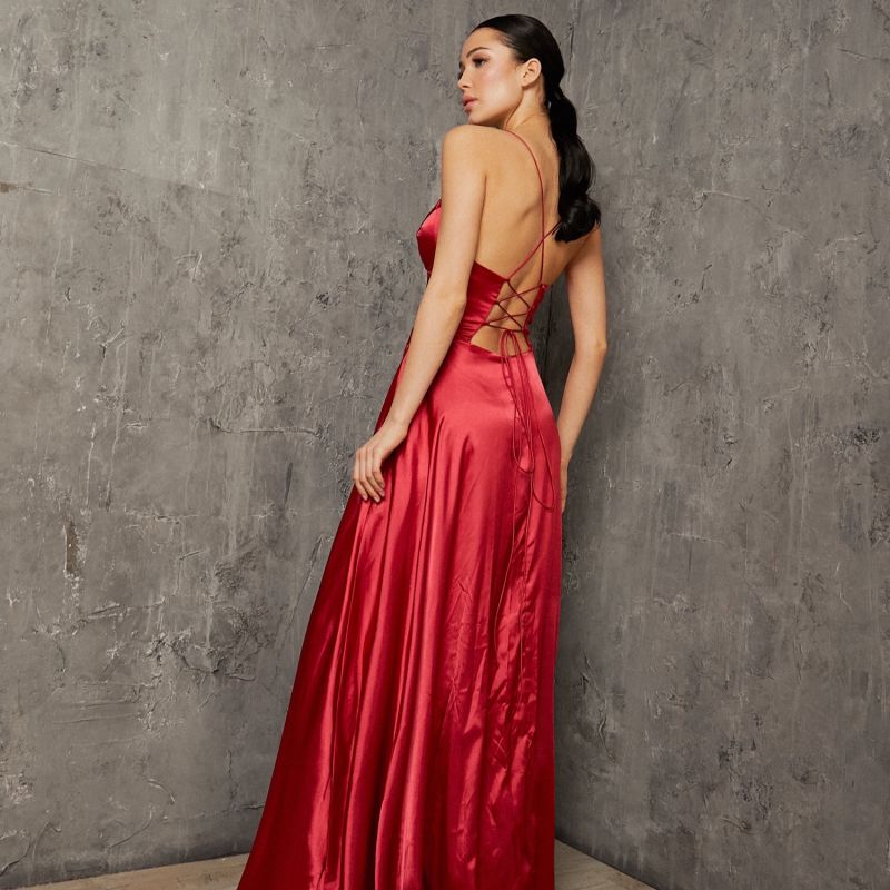 Olivia Satin Evening Gown In Red image