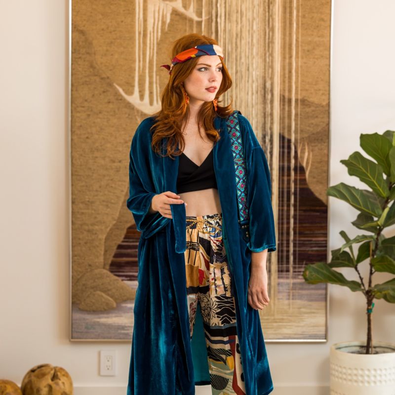 Peacock Silk Velvet Koi Kimono image