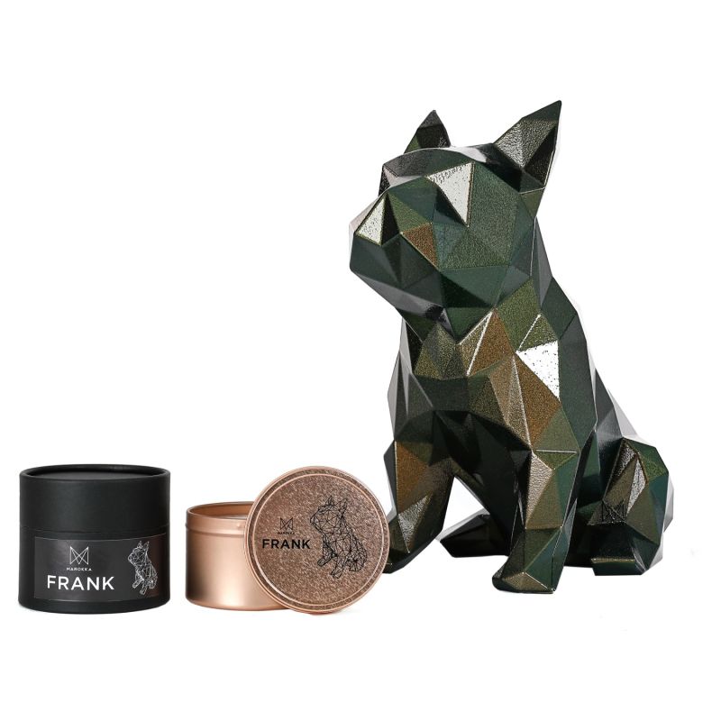 Handmade Natural Wax Candle - French Bulldog Design Large Copper Tin Complete With Geometric Heart & Message image