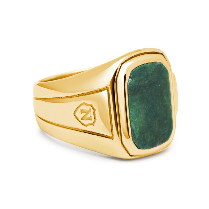 Men's Oblong Gold Plated Signet Ring With Green Jade image
