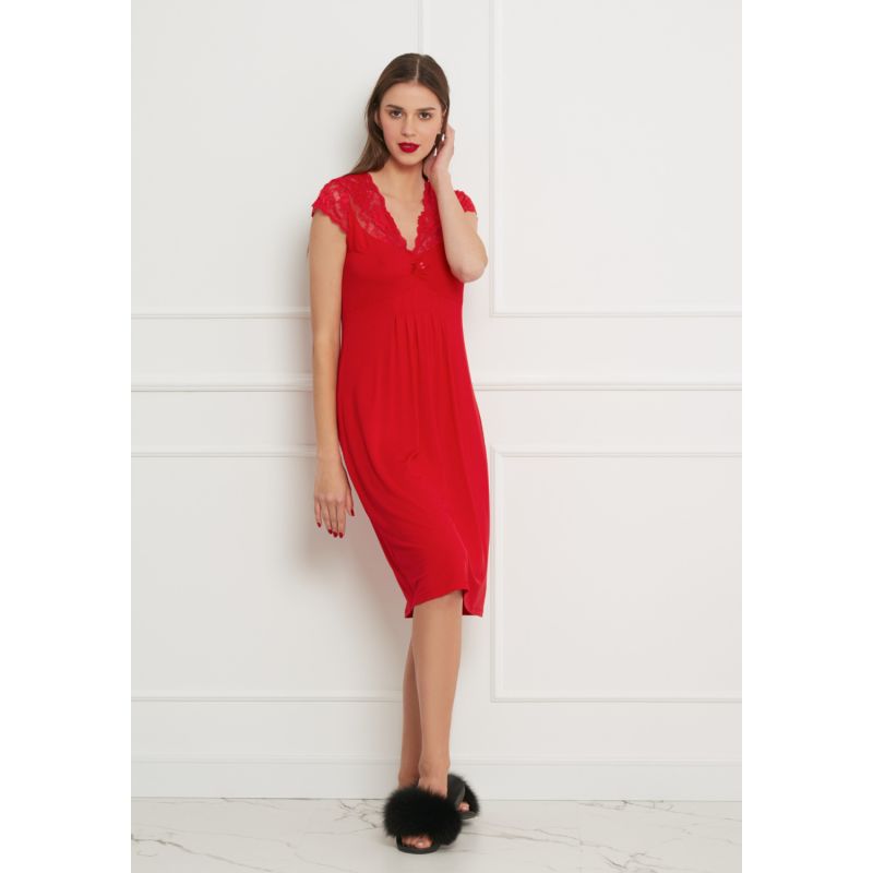 Classy Midi Nightdress With Lace - Red image