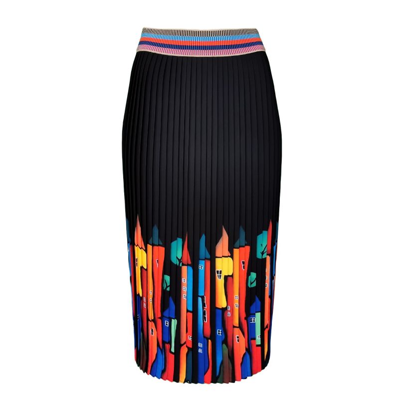 Black Midi Pleated Skirt With Colorful House Prints image