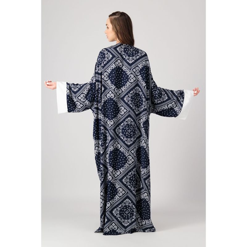 Classic Abaya Cut With Belt In Printed Navy Paisley Rayon image