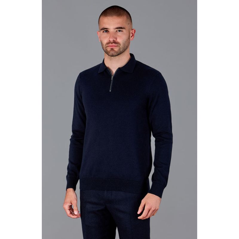 Mens Lightweight Finley Cotton Zip Neck Polo Shirt - Navy image