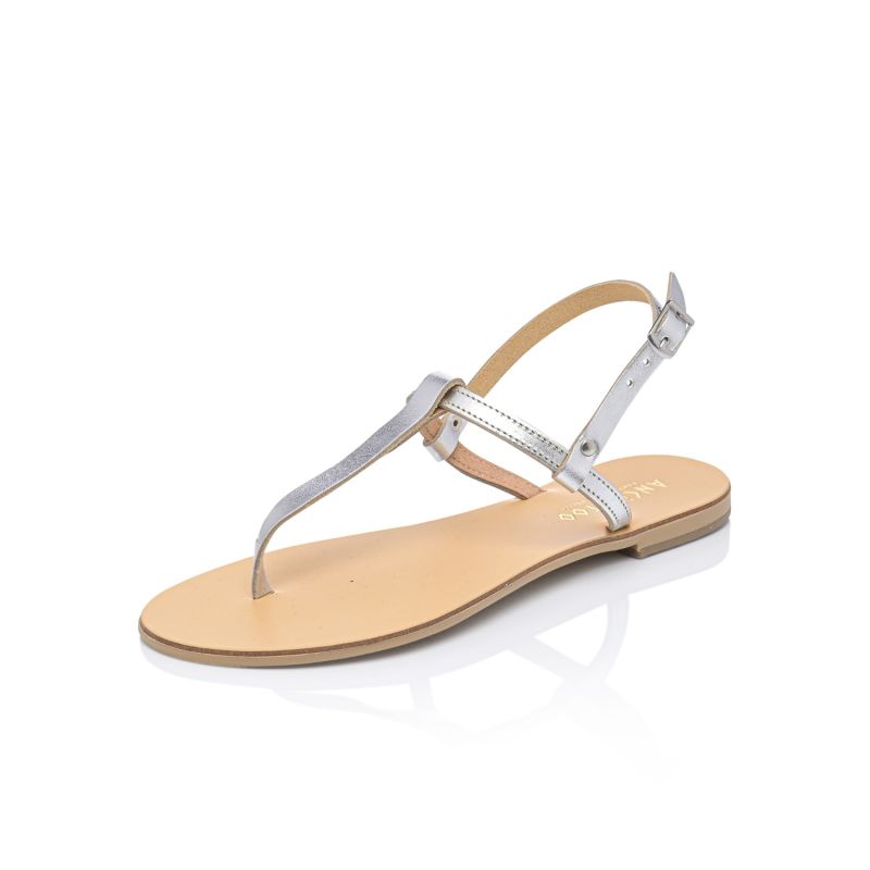 Brizo Silver/Nude Handcrafted Women’s Leather T-Strap Sandals – Designer Fashion Flat Sandals With Toe Separator image