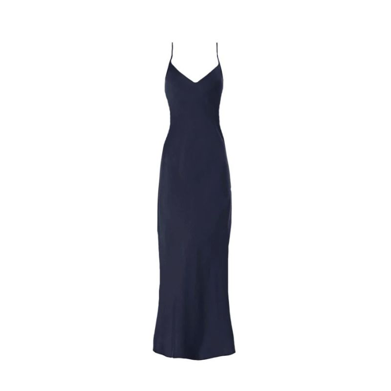 V Silk Slip Dress Mid Length Twilight Navy Blue by Anaphe