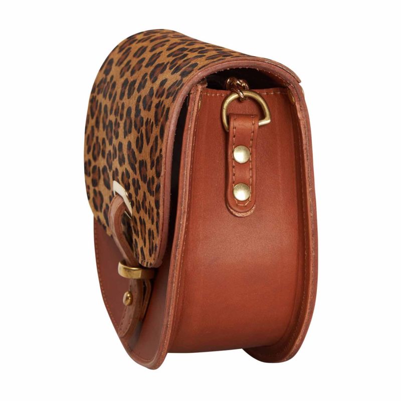 Mini Victoria Leopard Print Full Grain Tan Leather Crossbody Saddle Bag With Gold Chain image