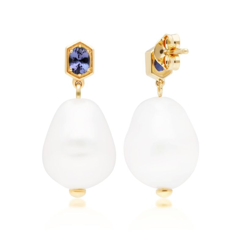 Baroque Pearl & Tanzanite Earrings In Yellow Gold Plated Silver image