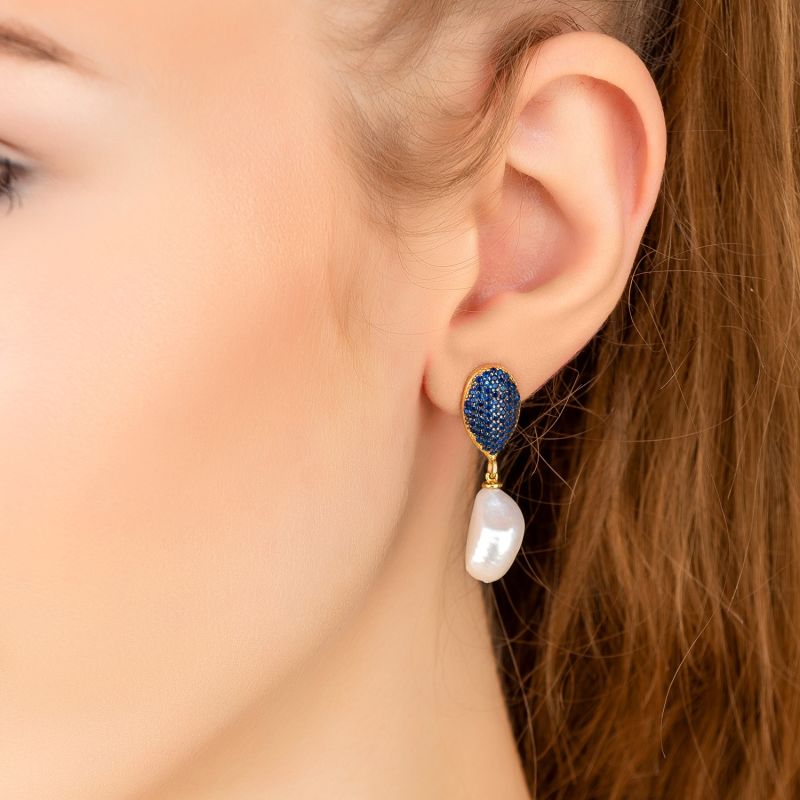 Baroque Pearl Classic Drop Earrings Gold Sapphire Blue Cz image
