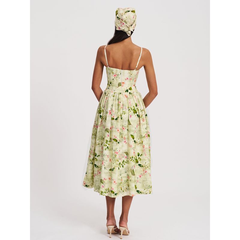 Jacinda Green Floral Print Ruched Breast Linen Midi Dress