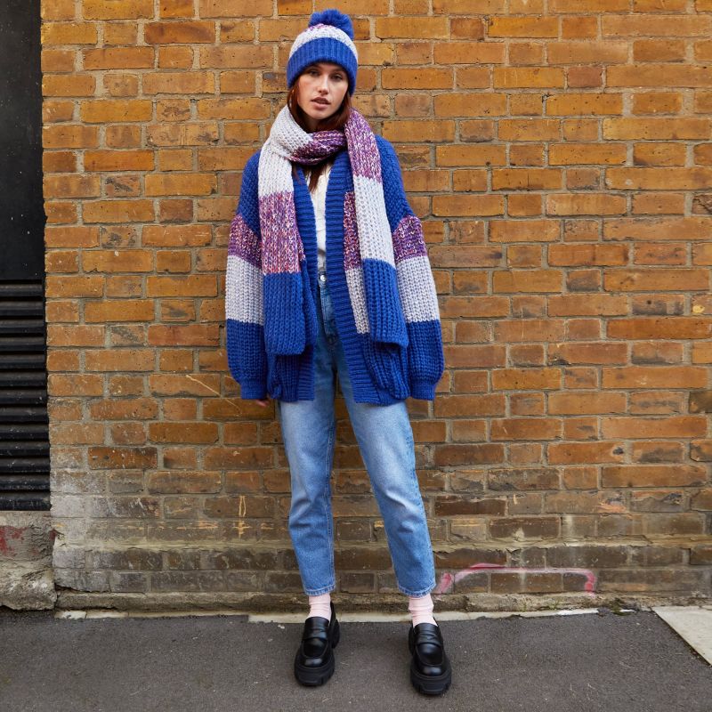 Phoebe Stripe Beanie Bobble Hat - Cobalt image