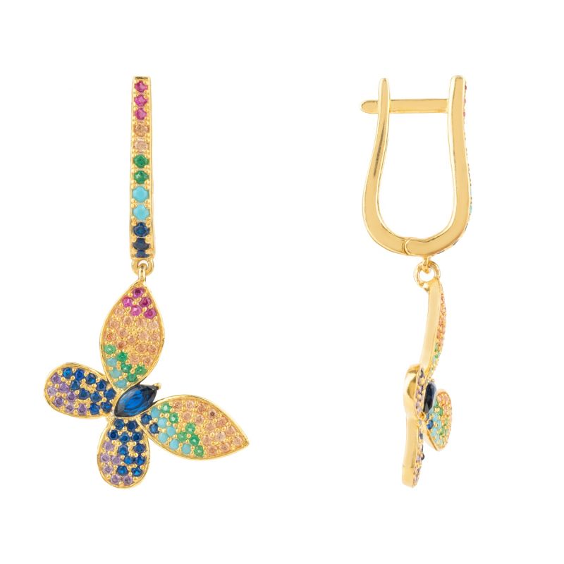 Butterfly Rainbow Multi Coloured Drop Earrings Gold image