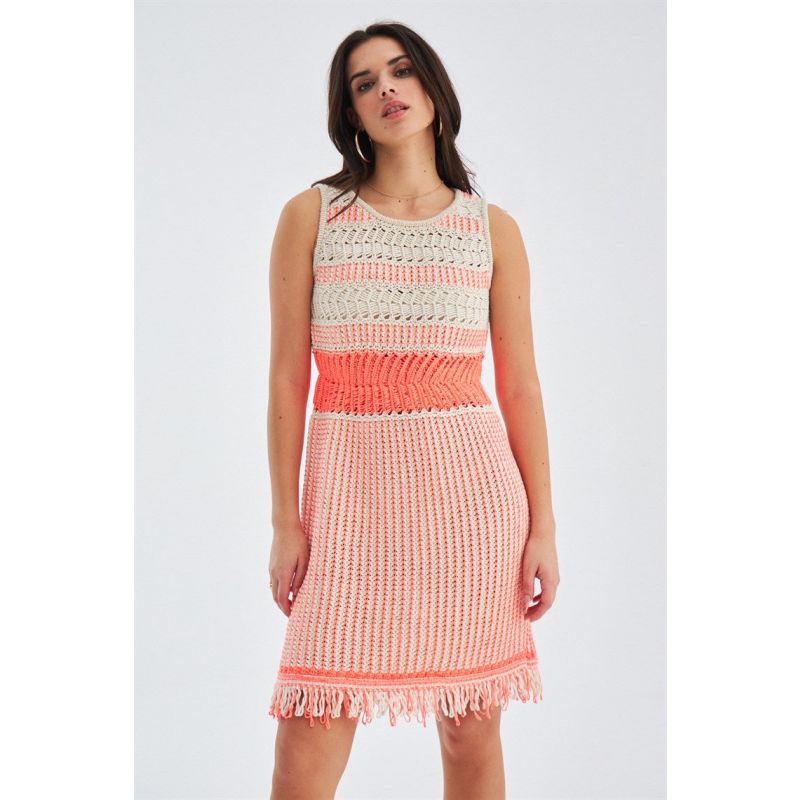 Kiyo Sleeveless Above Knee Tasseled Open Work Summer Knit Dress Multicolour Peraluna Wolf Badger