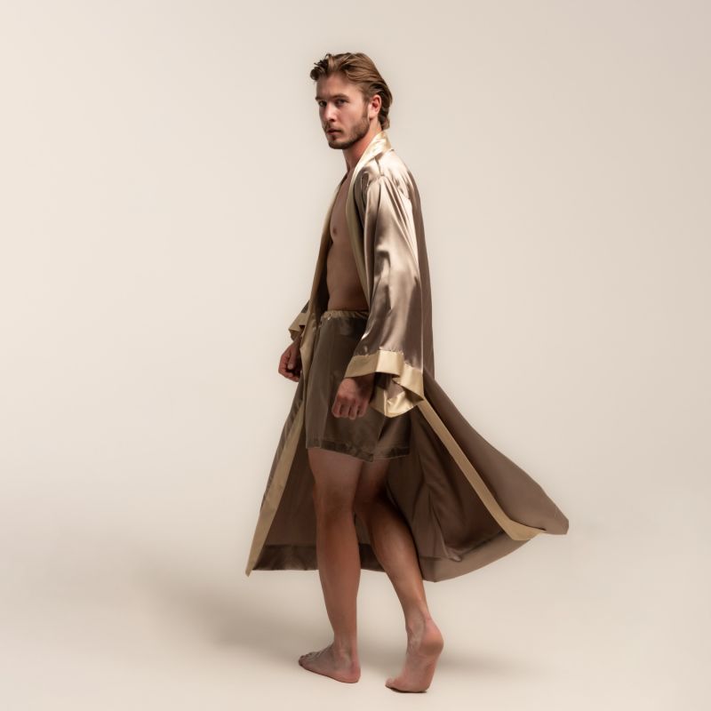 Mens Satin Silky Two-Tone Kimono Robe With Pockets, KÂfemme