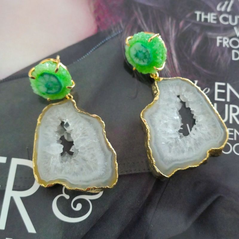 Green White Crystal Gemstone Gold 'Summer Love' Statement Earrings image