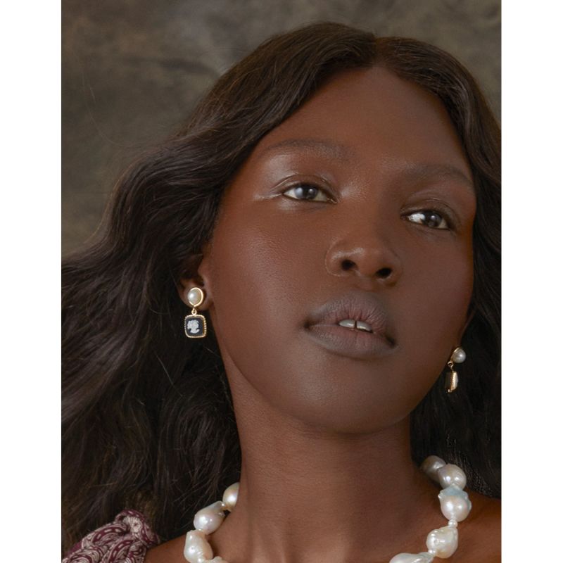 The Beloved Gold-Plated Black Cameo And Pearl Earrings image