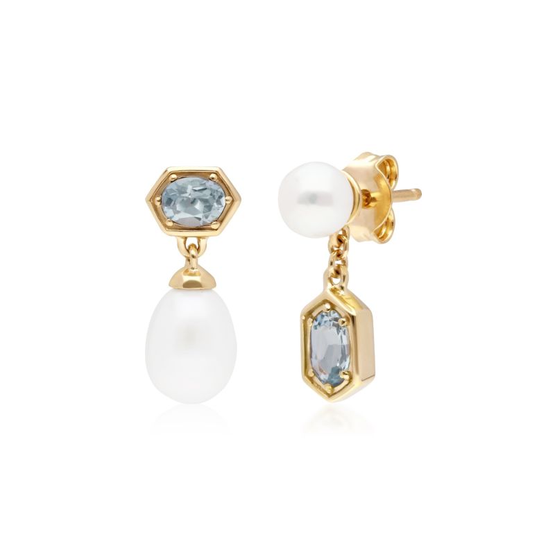 Modern Pearl & Aquamarine Mismatched Drop Earrings image