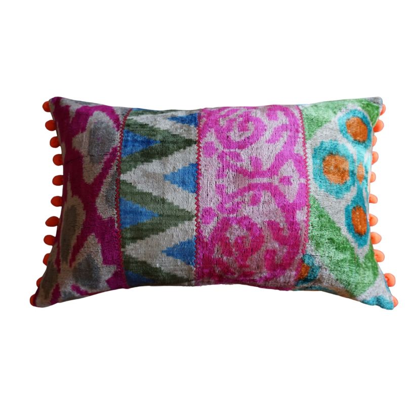 Multi Coloured Patchwork Ikat Cushion With Pom Pom image