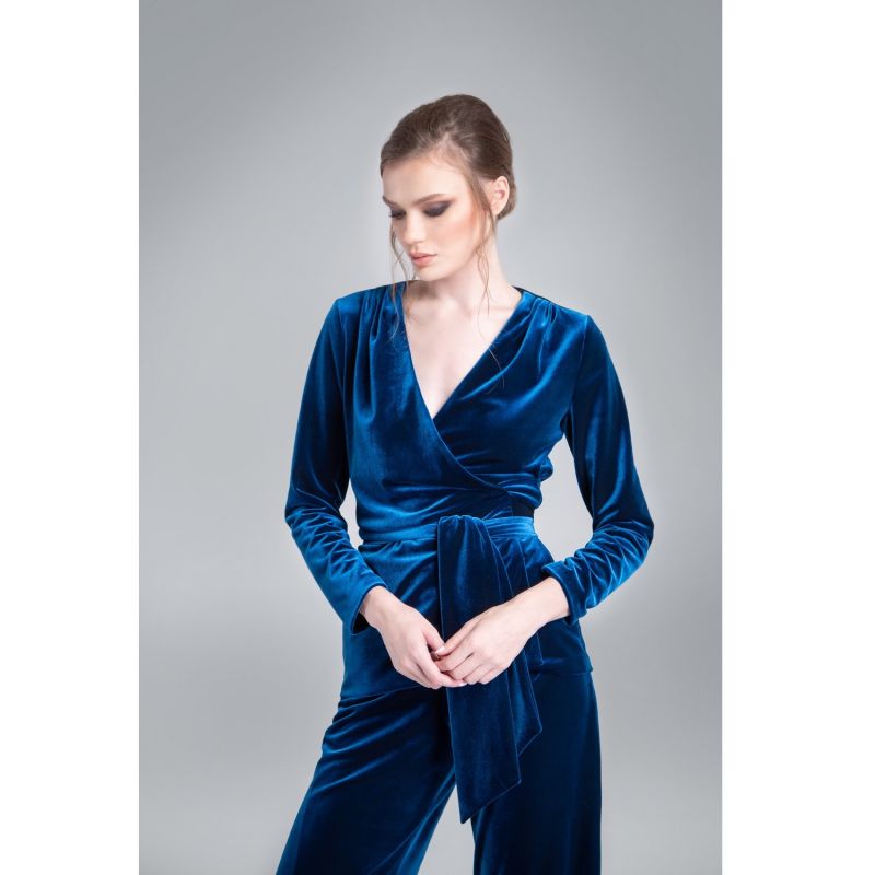 Evelyn Velvet Wrap Jacket With Self-Tie Sash In Royal Blue image