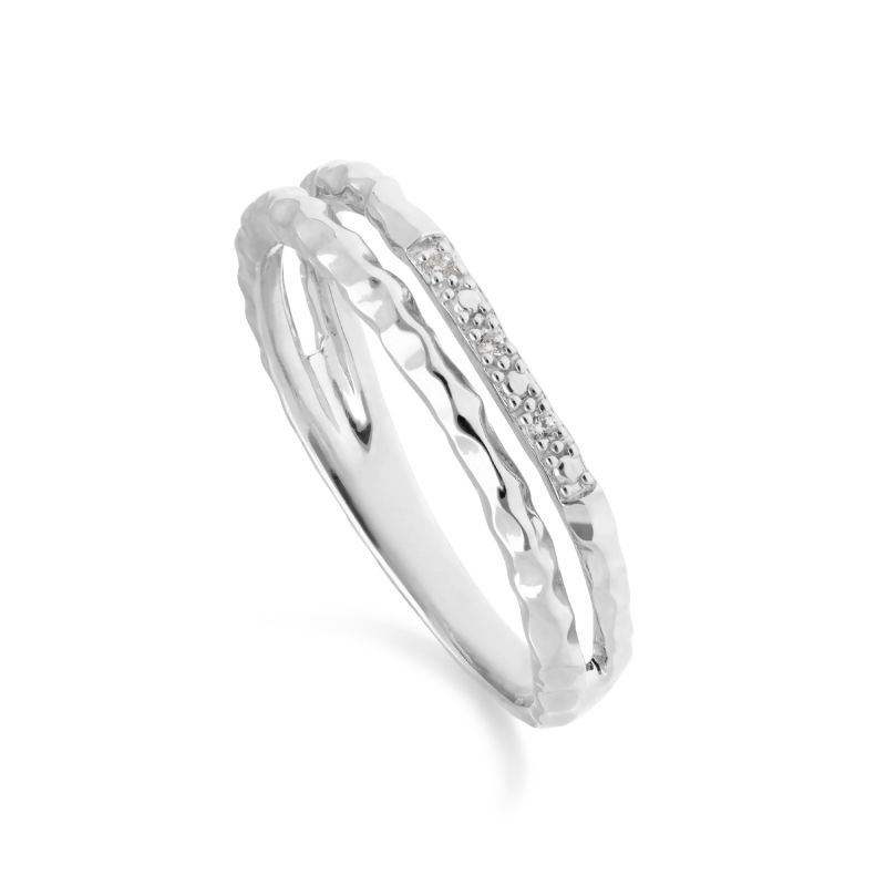 Diamond Pavé Hammered Double Band Ring In 9Ct White Gold image