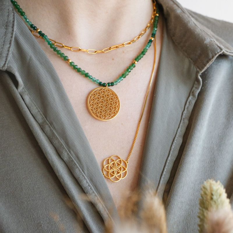 Joy And Prosperity Flower Of Life Necklace, Green Aventurine, Spinel, Chrysoprase, Gold, All Gender image