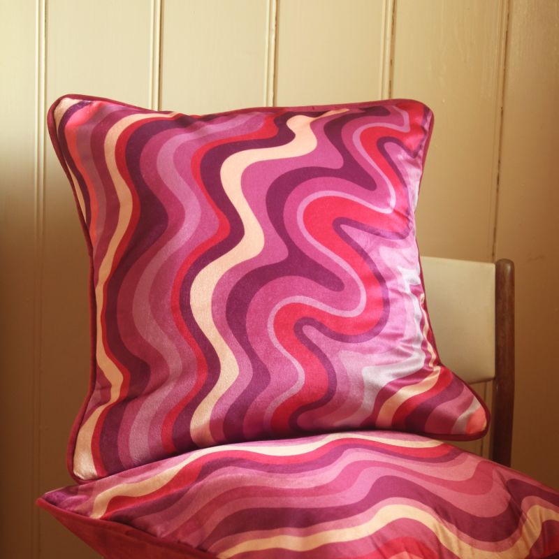 Colourful Velvet Piped Cushion - Fuscia Red Wavy image