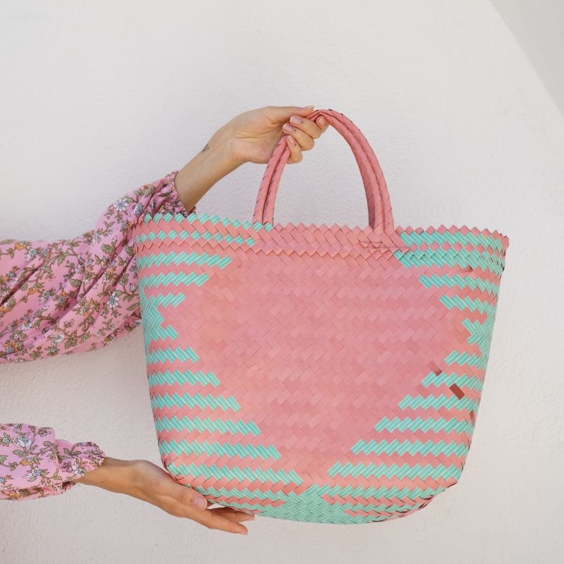 Jasmin Recycled Plastic Woven Shopper Tote in Pink & Teal image