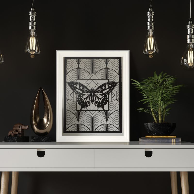 Deco Butterfly Print Black & White image