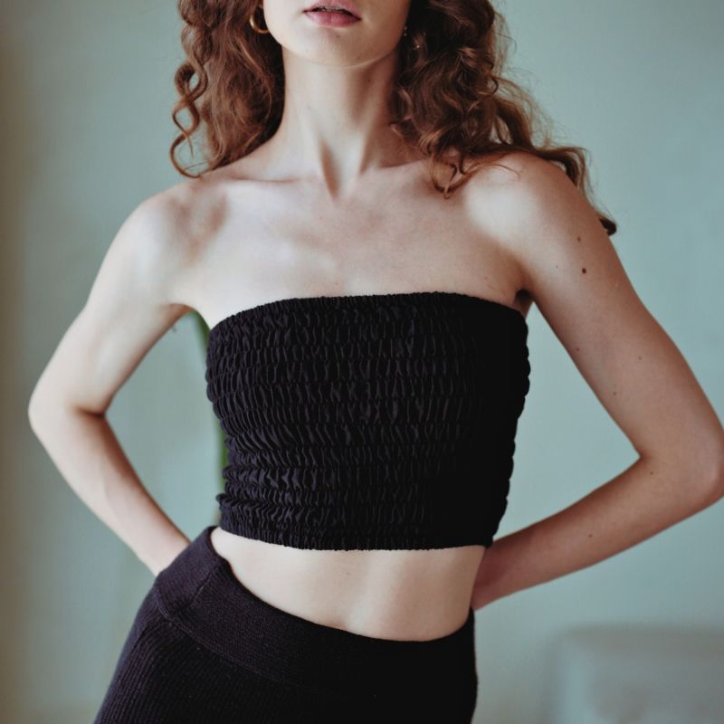 Judith Smocked And Ruffle Tube Top In Black image