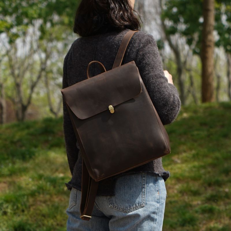 Handmade Worn Look Genuine Leather Slim Backpack - Dark Brown image