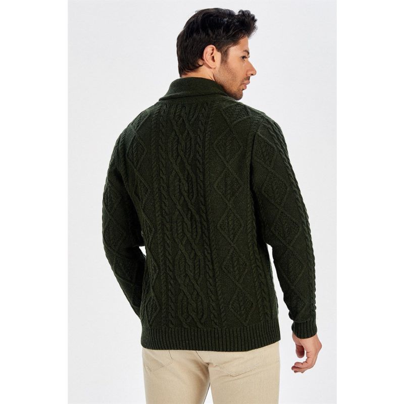 Shawl Collar Cashmere Blend Cable Knit Men's Cardigan - Dark Green image