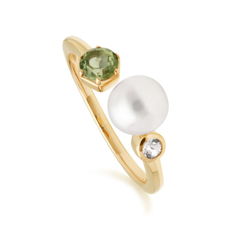 Peridot, Pearl & Topaz Open Ring In Yellow Gold Plated Silver image