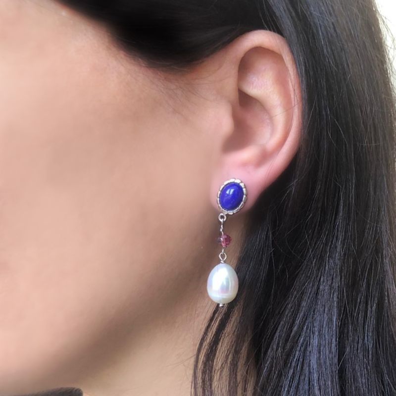 Lapis, Pink Quartz & Pearl Drop Earrings image