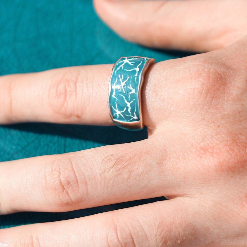 Ocean Waves Sterling Silver Blue Green Enamel Band Ring image